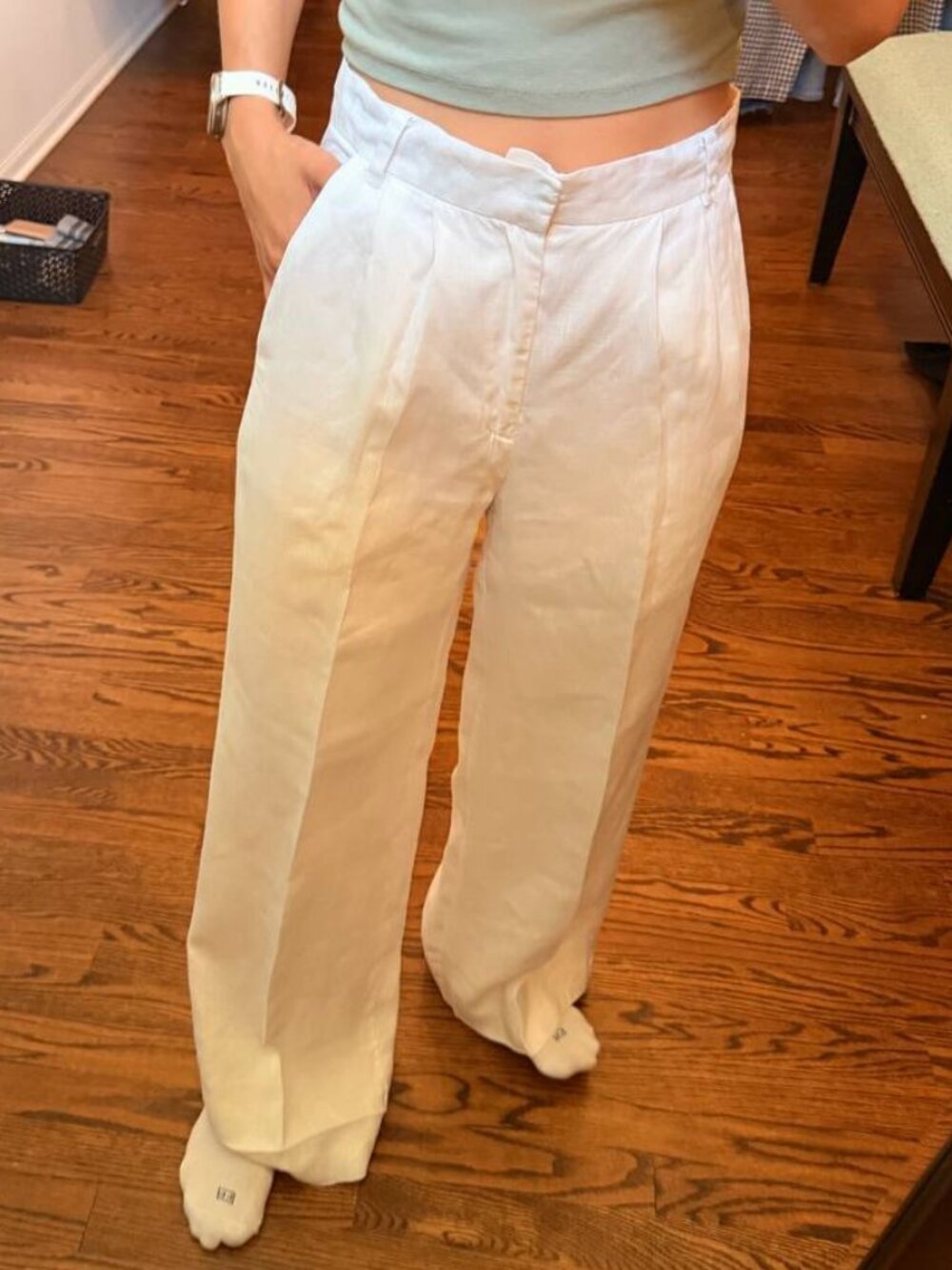 Bamboo Blonde White 100% Linen Pleated Wide-Leg Pants